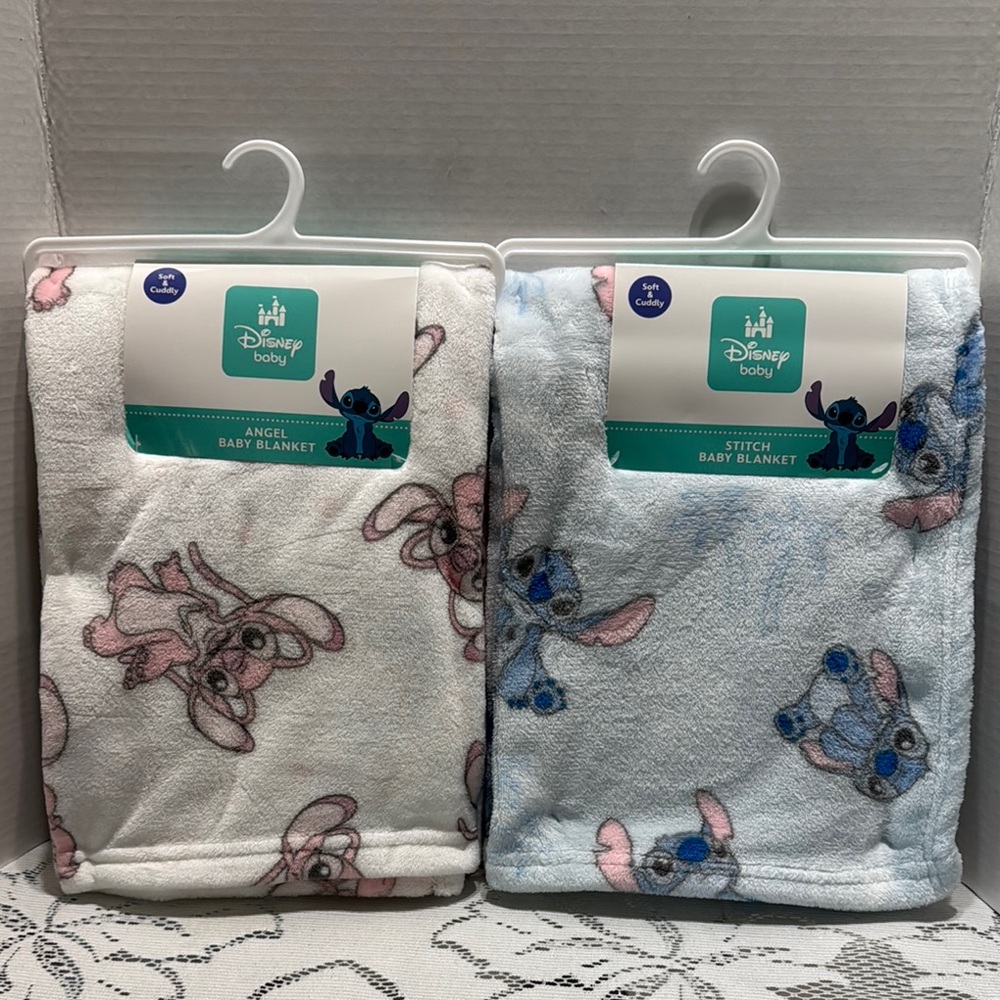 Disney Baby Pink Angel & Blue Stitch Soft Plush Cuddly Baby Blanket Set
